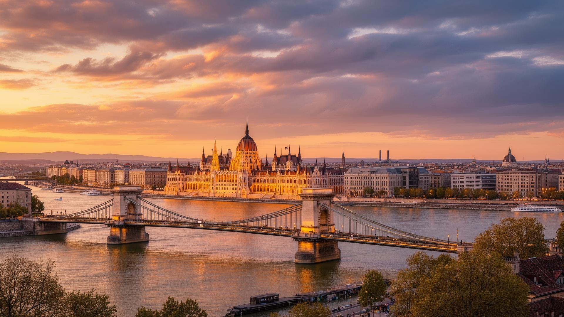 Panoramic view of Budapest with the Hungarian Parliament along the Danube
